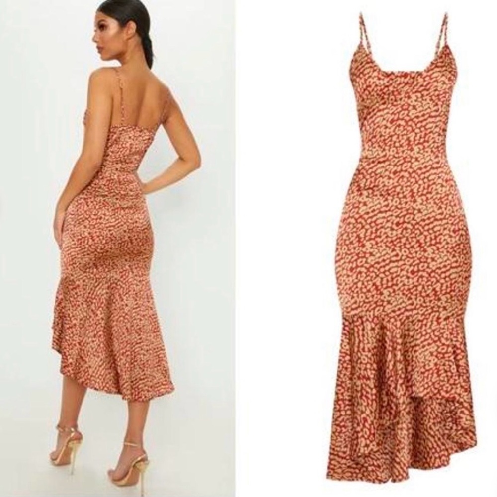 Pretty Little Thing Red Leopard Print Frill Hem Midi Dress, Size 4
